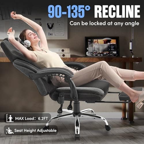 Massage Office Chair with Foot Rest,6-Point Vibration & Heat Executive Office Chairs,Ergonomic Computer Chair for Heavy People,Big and Tall Fabric Office Chair,Recliner with Padded Armrest,BlackGrey
