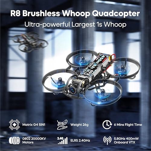 R8 ELRS Brushless Whoop Quadcopter, Ultralight 1S 80mm Micro FPV Drone BNF with 6 Port Battery Charger,2 Batteries Fly12 Mins for FPV Freestyle Racing Indoor Outdoor,FOV160°,Matrix G4 5IN1 FC,0802 20000KV Motor