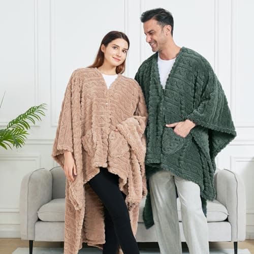 Wearable Blanket Sherpa Fleece Shawl Blanket with Pockets Blanket Poncho Cape for Adults, Cozy Shawl TV Throw Blankets B0DJBGMMCP