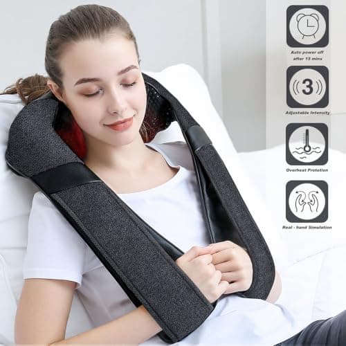 Ergonomic 3D kneading nodes, corded design, auto shutoff, Christmas ideal gifts for relaxing use at home, office, or travel Mirakel Heat Neck Massager for Pain Relief Deep Tissue - Gift for Women Men B07WJSY2G8