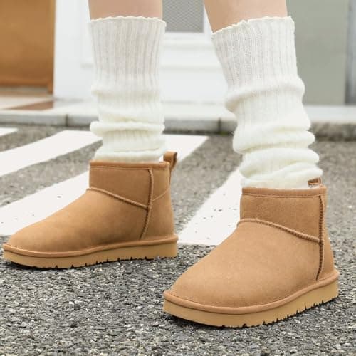 OOW 100% Genuine Suede Ankle Low Boots for Women Short Winter Snow Boot with Cozy Fur Lined