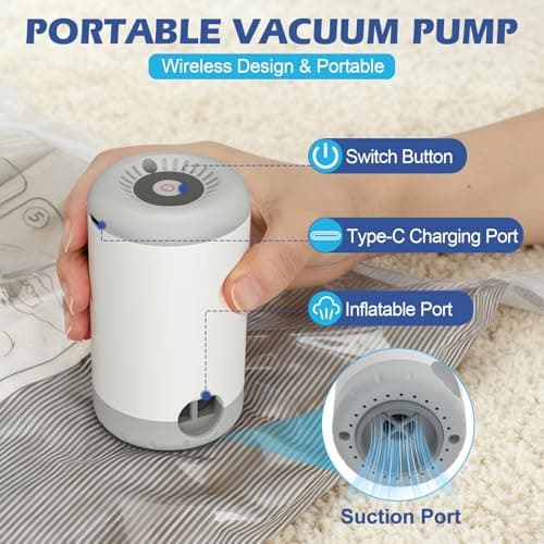 Travel Vacuum Storage Bags with Rechargeable Air Pump, 18 Pack Portable Space Saver Bags, Compression Bags for Clothing, Bedding, Seasonal Storage & Packing Bags for Moving