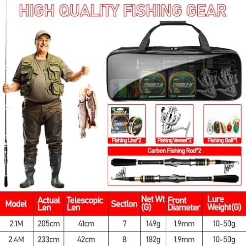 Telescopic Fishing Rod Combo - 2PCS 6.9 7.89FT Collapsible Carbon Fiber Pole Set, Spinning Reel Lures Lines Kits with Carrier Bag for Travel Saltwater Freshwater Fishing Gifts for Adults Beginer