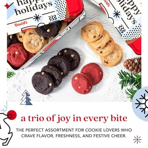 David's Cookies Happy Holidays Mini Cookies in Sweet Sampler Tin - Assorted Mini Christmas Cookies with Chocolate & White Chocolate Chip and Red Velvet - Gourmet Cookie Gift Basket for Christmas 14oz
