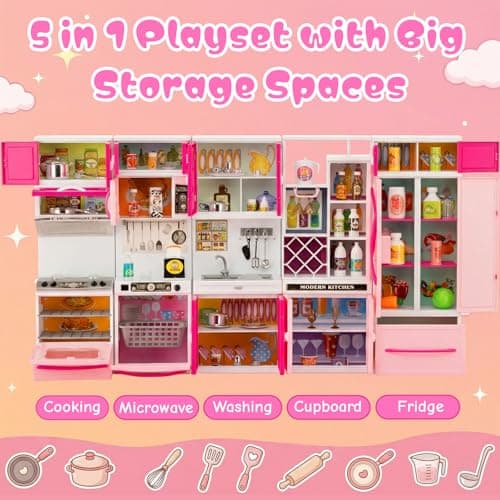 5 in 1 Kids Kitchen Playset Toys with Light & Sound, Doll House Furniture Accessories, 64 PCS Pretend Cooking Food Set, Play Kitchen for Toddlers, Gifts for Girl Ages 3-5 Year Old