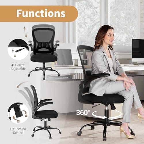 Youhauchair Mesh Office Chair, Ergonomic Home Office Desk Chairs with Flip-up Arms and Lumbar Support, Height Adjustable, Black