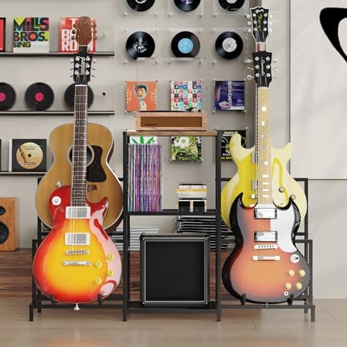 VGMiu Guitar Rack Multi Guitar Stand for Multiple Guitars, Multiple Guitar Rack Holder with 3 Tier Shelf for Acoustic, Electric Guitar, Bass, Record Player, Guitar Display Stand for Home Music Studio