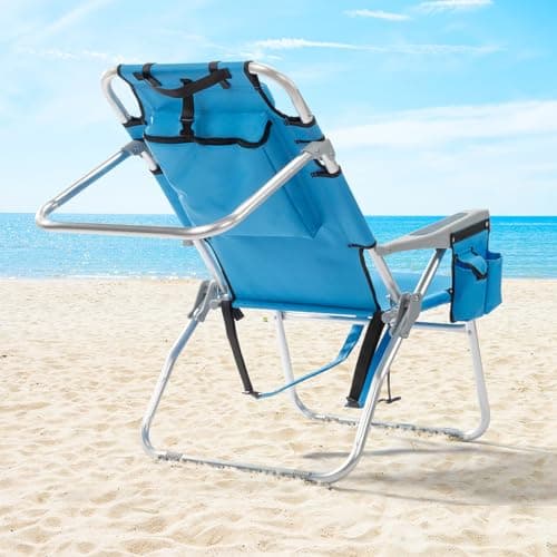 Outvita Backpack Beach Chair, 5 Level Adjustable Positions Beach Chair with Back Storage Bag, Cooler Pouch and Side Bags for Beach Poolside Lawn