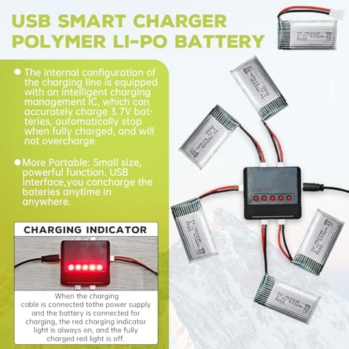 5PCS 3.7V 400mAh Lithium Battery with 5 in 1 Charger for SYMA Q11 H99W H31 H6C H98 AT-96 TR-C385 TR-P51 TR-F22 Quadcopter Spare Parts Aircraft Model Drone Battery (Black)