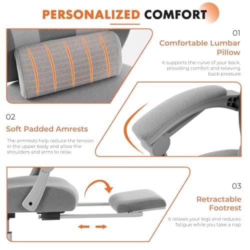 Sweetcrispy Office Computer Desk Chair with Footrest,Ergonomic High-Back Mesh Rolling Work Swivel Chairs with Wheels,Comfortable Lumbar Support,Comfy Arms for Home,Bedroom,Study,Student,Light Grey