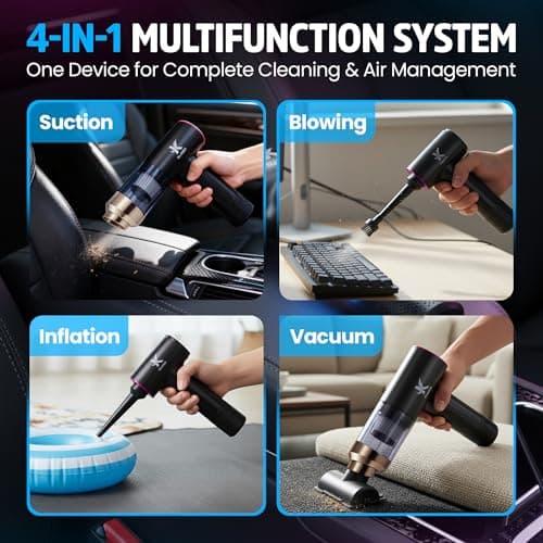 Handheld Car Vacuum Cleaner, Dual Suction 7.5K & 12k Pa, Portable Mini | Blower, Inflator, Deflator and Dustbuster for Car, Home, Kitchen & Office | Black Color