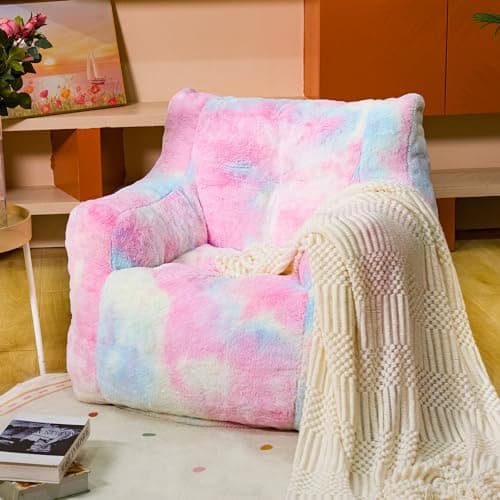Bean Bag Chair with Filling, Faux Fur Comfy BeanBag Chairs for Teens, Adults, Bedroom, Living Room, Reading - Rainbow