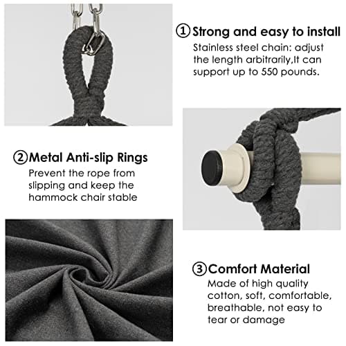Y- STOP Hammock Chair Hanging Rope Swing, Max 500 Lbs, 2 Cushions Included, Large Macrame Hanging Chair with Pocket, Cotton Weave for Superior Comfort, Durability (Dark Grey)