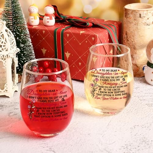 Futtumy Funny Daughter in Law Gifts, To My Dear Daughter-in-laws Stemless Wine Glass for Son's Wife, Mothers Day Birthday Christmas Gifts from Mother-In-Laws, 17 oz
