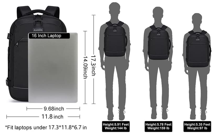 Asenlin Travel Backpack for Women and Men,Fit 15.6 Inch Carry on Backpack Flight Approved Luggage，Weekender Bag Water Resistant Laptop Backpack-Black