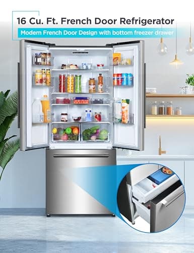 BLACK+DECKER 16 Cu. Ft. French Door Refrigerator with Built-in Ice Maker, Full Size Refrigerator with Bottom Mount Freezer Drawer, Frost Free, ENERGY STAR certified, BRF1600GIMS, Stainless Look