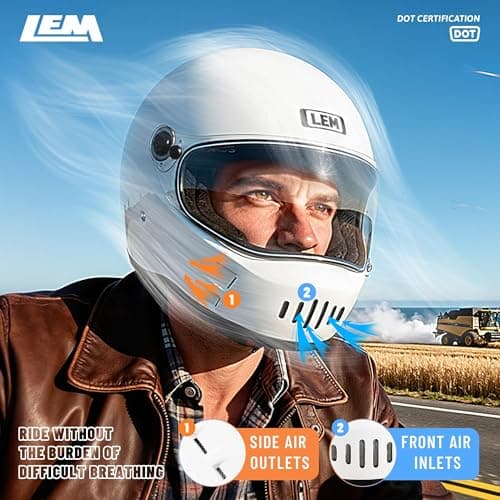 LEM Motorcycle Helmet Full Face for Men and Women, Retro Vintage Classic Open Face Style, Lightweight Fiberglass Shell, DOT Certified, for Cruiser, Cafe Racer, Scooter, Commuter (White, Size XL) Kick
