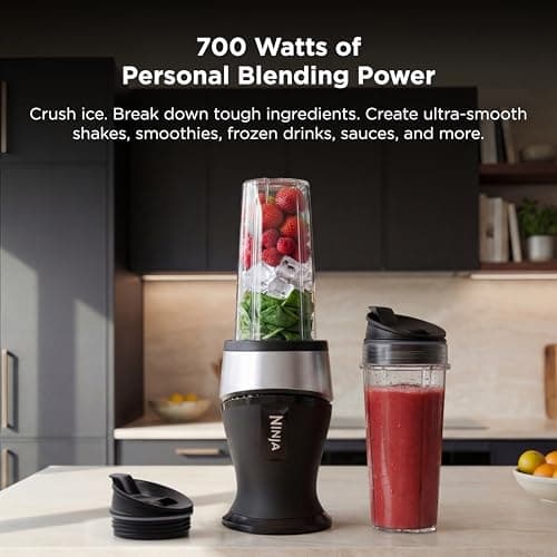 700-watt base blends smoothies, shakes & frozen drinks. (2) 16-oz to-go cups w/ spout lids. Dishwasher safe. Ninja Fit Compact Personal Blender, 700W, (2) 16oz Cups, QB3001SS B01FHOWYA2