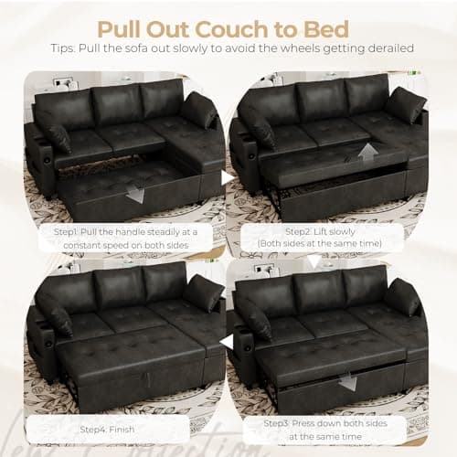 Esright Sleeper Sofa Bed, 3-in-1 Pull Out Couch with Reversible Chaise, Leather Sleeper Sofa with Storage, USB, Cup Holder, Pullout Sectional Couches for Apartment Living Room, Black | Hidden Storage Space