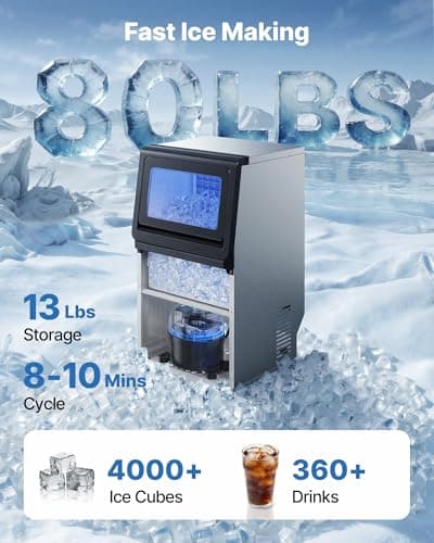 VEVOR Commercial Ice Maker Machine, 265 lbs/24h with 85 lbs Storage Capacity, Built-in/Freestanding/Under Counter, Stainless Steel Ice Maker with LED Display & Self-Cleaning, for Home Bar Restaurant
