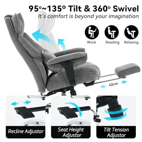 Efomao Executive Office Chair, Soft-Cushioned Computer Chair with Foot Rest, Fabric Home Office Desk Chairs, Big and Tall Office Chairs, Grey