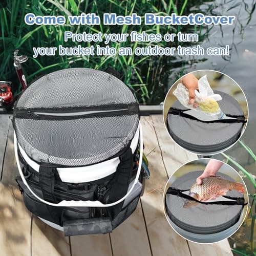 WTVIDAS Fishing Bucket Organizer with Bucket Cover, Ice Fishing Tackle Bag with Rod & Plier Holder, Multi-Pockets for 5 Gallon Bucket Fishing Gear & Accessories