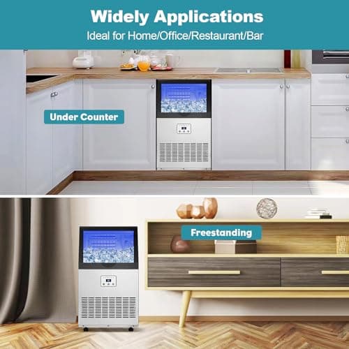 Amzgachfktch Commercial Ice Maker, 100lbs/24H Ice Maker Machine, Auto Self-Cleaning, LED Digital Display, Blue Light, Under Counter/Freestanding Ice Machine for Home/Office/Restaurant/Bar