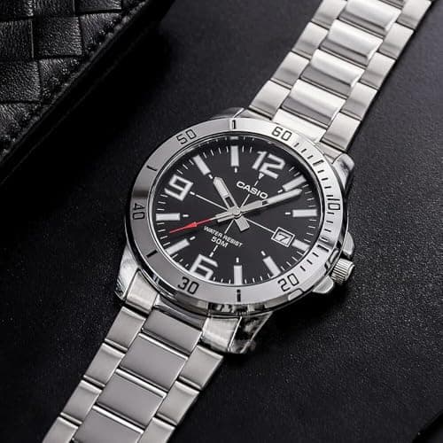 Casio MTP-VD01D-1BV Men's Enticer Stainless Steel Black Dial Casual Analog Sporty Watch, Silver, 48×42×10.7mm, Quartz Movement