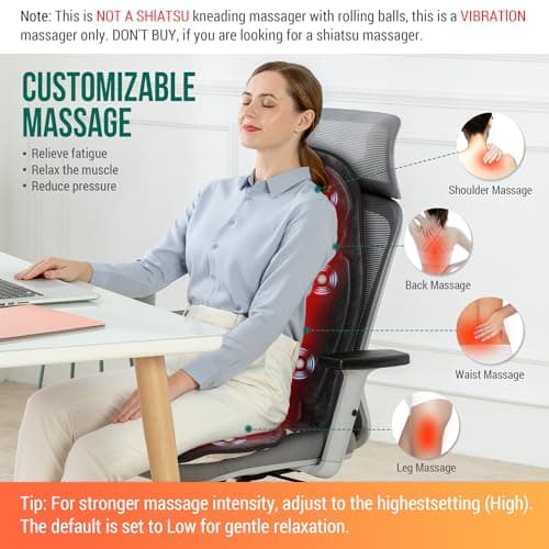 Snailax Vibration Back Massager with Heat, Massage Seat Cushion with 6 Vibrating Motors and 2 Heat Levels, Massage Chair Pad for Home Office use, Gifts for Him Her