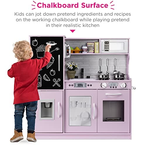 Best Choice Products Pretend Play Kitchen Wooden Toy Set for Kids w/Realistic Design, Telephone, Utensils, Oven, Microwave, Sink - Pink
