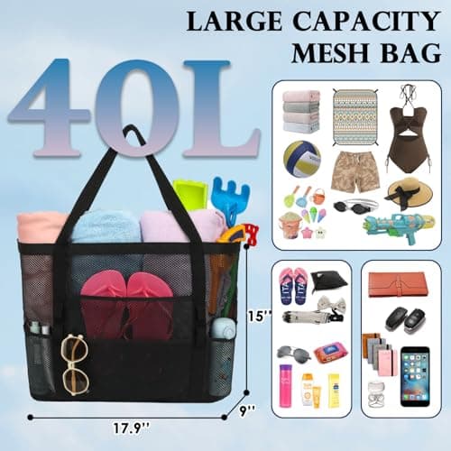 Fammart Mesh Beach Bag, Large Beach Tote with Zipper Pocket, Toys Pool Bag for Family Travel Vacation Cruise Essentials