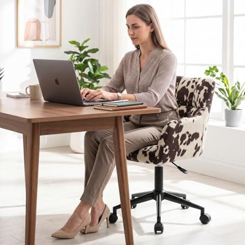 CIMOTA Cow Print Office Chair with Wheels, Height Adjustable Swivel Desk Chair with Arms & Mid Back, Comfy Fabric Vanity Computer Chair for Home Office/Living Room/Bedroom
