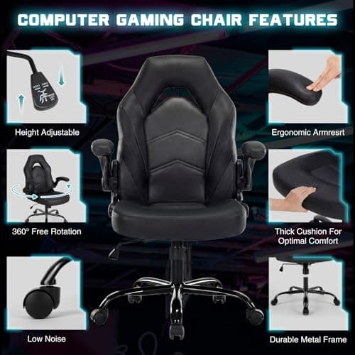 DUMOS Ergonomic Computer Gaming Chair - Home Office Desk with PU Leather Lumbar Support, Height Adjustable Big and Tall Video Game with Flip-up Armrest, Swivel Wheels for Adults, Black