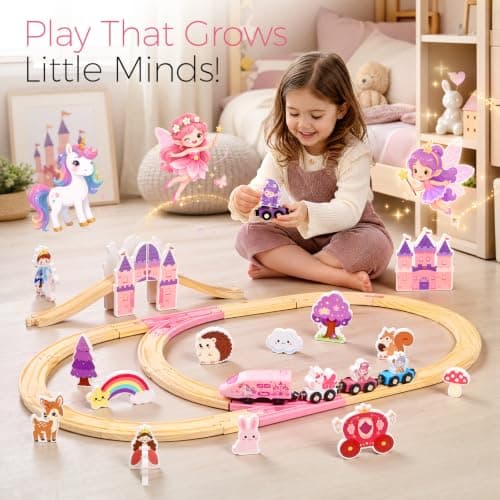 Pink Train Track Set Fairy Theme with Multiple Layouts, Birthday Gift Toys for Girls 3 4 5 6 Year Old Wooden Train Set Electric, 50 PCS Unicorn Princess Wood Track for Girls B0HDSGBW7S