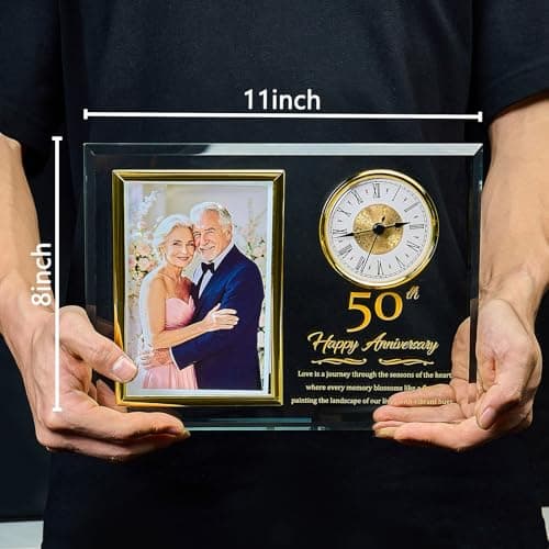 Dxaeqr 50th Wedding Anniversary Keepsake for Couples, Crystal Glass Photo Frame Clock, Golden Anniversary Present for Parents Grandparents Wife Husband, Holds 4x6 Photo B0G6WN24TD