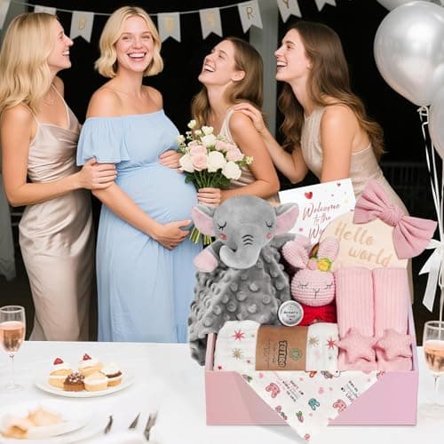 Newborn Baby Girl Gift, 9 Pcs Baby Gifts for Girls Newborn Essentials, New Baby Girl Gift Basket Baby Shower Gender Reveal Gifts, New Mom Gift Swaddle Blanket Bunny Rattle Gift Set