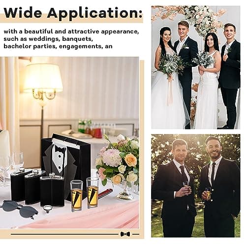 Tioncy 48 Pcs Groomsmen Proposal Gift 8 Engraved Pocket Knife 8 Groomsmen Gift Bags 8 Shot Glasses with Tuxedos 8 Stainless Steel Hip Flask 8 Poker Card Bottle Opener 8 Sunglasses