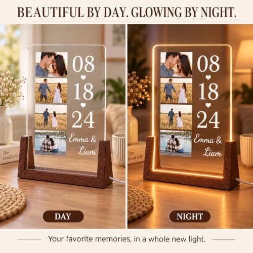 Personalized Couple Gifts, Custom Acrylic Photo Plaque with 4 Photos, Names & Date, Anniversary Keepsake with Wooden Base, Birthday Gifts for Wife, Husband, Girlfriend or Boyfriend B0HJZ6XZV6