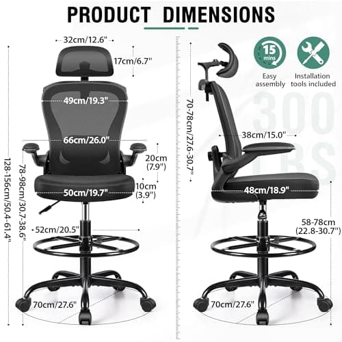 Drafting Chair, Tall Office Chair with 3D Lumbar & Head Support, Ergonomic Mesh Standing Desk Chair with Footring, Comfy Extended High Desk Chair with Flip-Up Arms & Hanger,Black