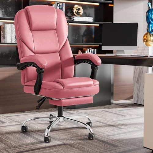 Shahoo Executive Office Chair with Massage, Ergonomic Reclining High Back Leather Seats with Footrest and Lumbar Support, Big and Tall, 400Lbs Heavy Duty, Pink