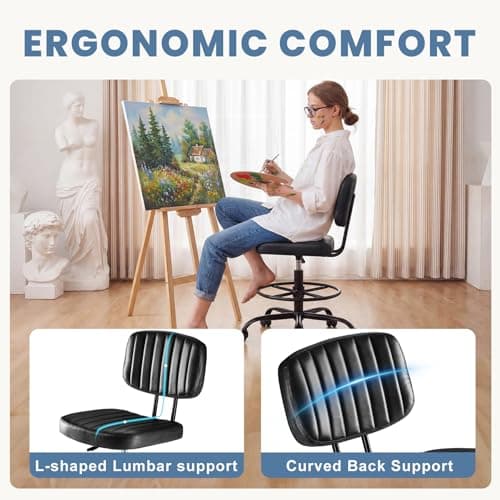 DUMOS Armless Drafting Chair, Low Back Office Seat with Adjustable Footrest Ring for Standing Desk, Ergonomic PU Leather Office Seating, Swivel Rolling High Stool for Studio, Lab, Counter, Black