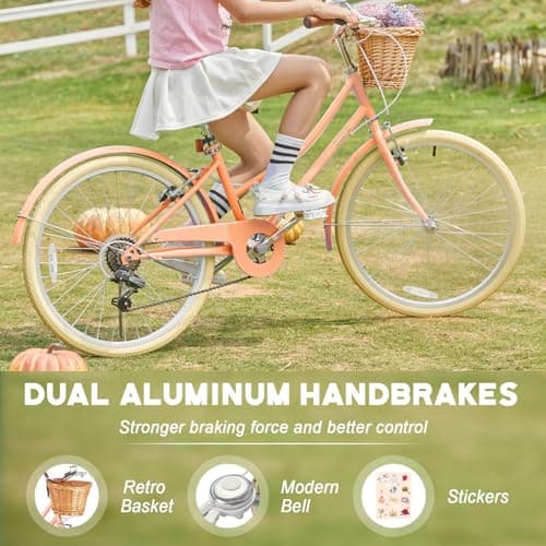 Glerc 20 24 26 Inch Beach Cruiser Bike, 6-Speed Hybrid City Bicycle for Girls Youth and Over 6 Years Old, Missy Bike with Wicker Basket & Lightweight, Multiple Colors