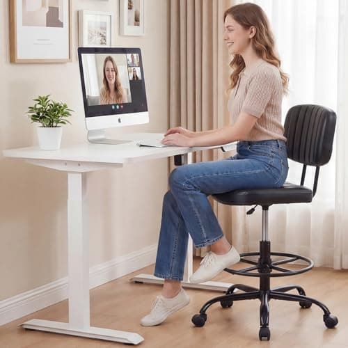 DUMOS Armless Drafting Chair, Low Back Office Seat with Adjustable Footrest Ring for Standing Desk, Ergonomic PU Leather Office Seating, Swivel Rolling High Stool for Studio, Lab, Counter, Black