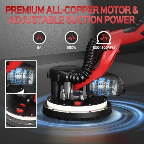 Drywall Sander, 2025 Upgraded 8-Amp Popcorn Ceiling Removal Tool with 7 Variable Speed 800-1800RPM, Drywall Sander with Vacuum Dust Collector with Extendable Handle, LED Light, 12pcs Sanding Discs,Red