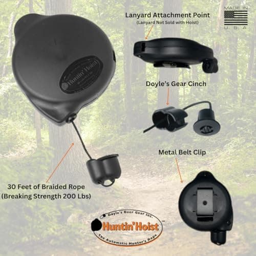 Doyle’s Deer Gear Huntin Hoist | Retractable Bow Hoist for Deer Hunting | Ascending Accessory for Saddle hunting and Elevated Tree Stands and Deer Blinds | 30 Feet of Retracting Braided Rope
