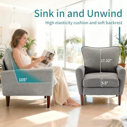 OLIXIS Comfy Accent Chair for Living Room Bedroom and Waiting Room, Upholstered Mid-Century Reading Chair with Pillow and Solid Wood Legs, Wide Singe Modern Lounge Sofa (Gray)