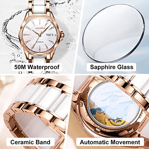 OLEVS Womens Big Face Automatic Watch, Diamond Accented Self Winding Dress Watch for Women, 50M Waterproof Day-Date Sapphire Crystal, Two Tone Stainless Steel Ceramic Band, White/Blue/Green/Red Dial