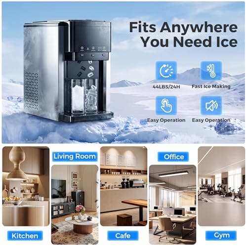 3-in-1 Water Dispenser with Ice Maker,Countertop Nugget Ice Machine with Bullet & Crushed Ice,44Lbs/24H,12 Ice Cube/6Min, Self-Cleaning, 4Lbs Storage, Home, Kitchen,RV (Silver) (Silver)