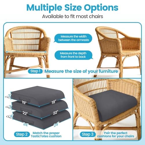 TasticTotes 19 x 19 x 3 Inch Patio Chair Cushions - Set of 2, Waterproof Outdoor Seat Cushions with Adjustable Straps and Handles, Fade-Resistant Chair Pads for Outdoor Furniture, Garden, Beach, Grey