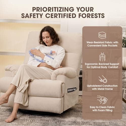 Large Glider Rocker Recliner,Beige Swivel Rocking Recliner Chair,Reclining Sofa Rocking Chair Nursery,23 Inches Deep Seat & 27 inches High Back,for Living Room, Bed Room‎ (Beige)